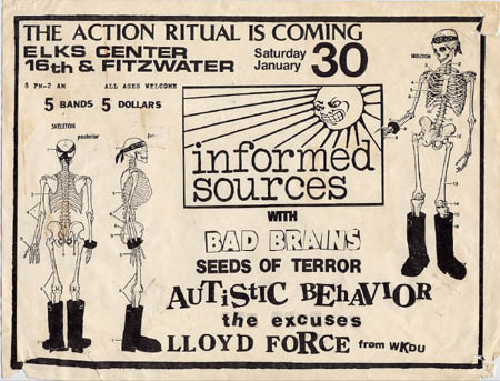 Informed Sources, Bad Brains, Seeds of Terror, The Excuses flyer from Elks Center